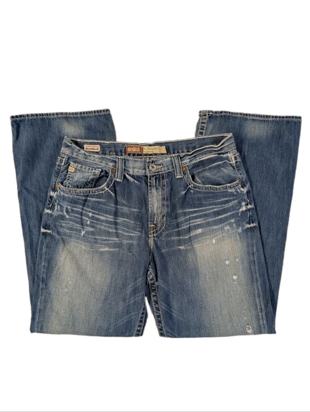 Big Star Vanguard Jeans Mens 36L Relaxed Fit Thick Stitch Buckle Blue Denim